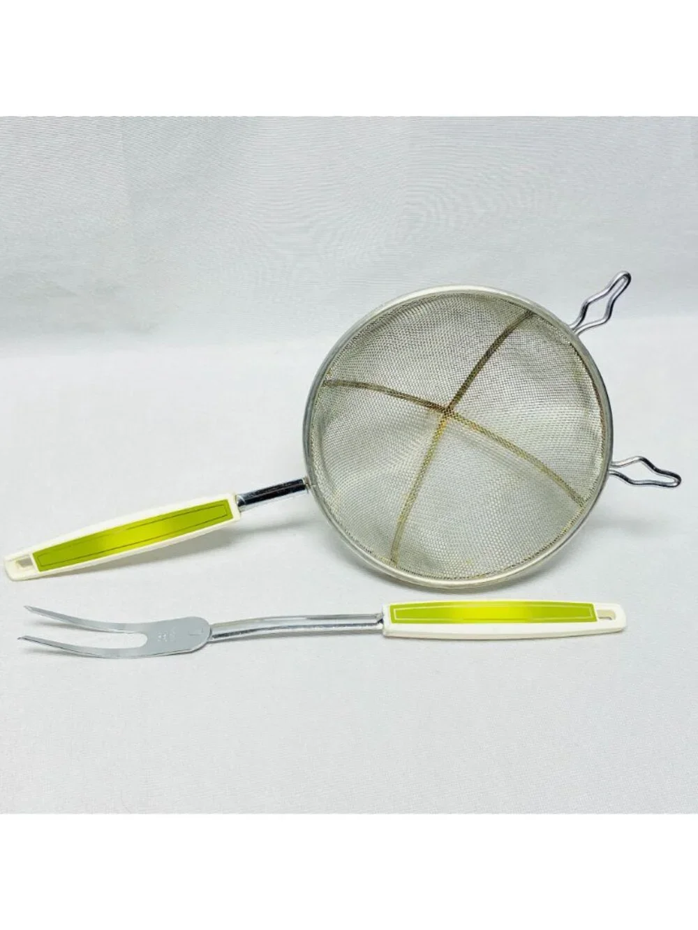 Vintage EKCO Chrome Strainer & Carving Fork Set Green USA-Made Kitchen Tools